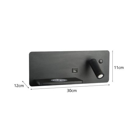 Immax 08288L - LED Faretto da parete con ripiano, porta USB e ricarica wireless Be PREPARE LED/3W/230V + LED/3W nero