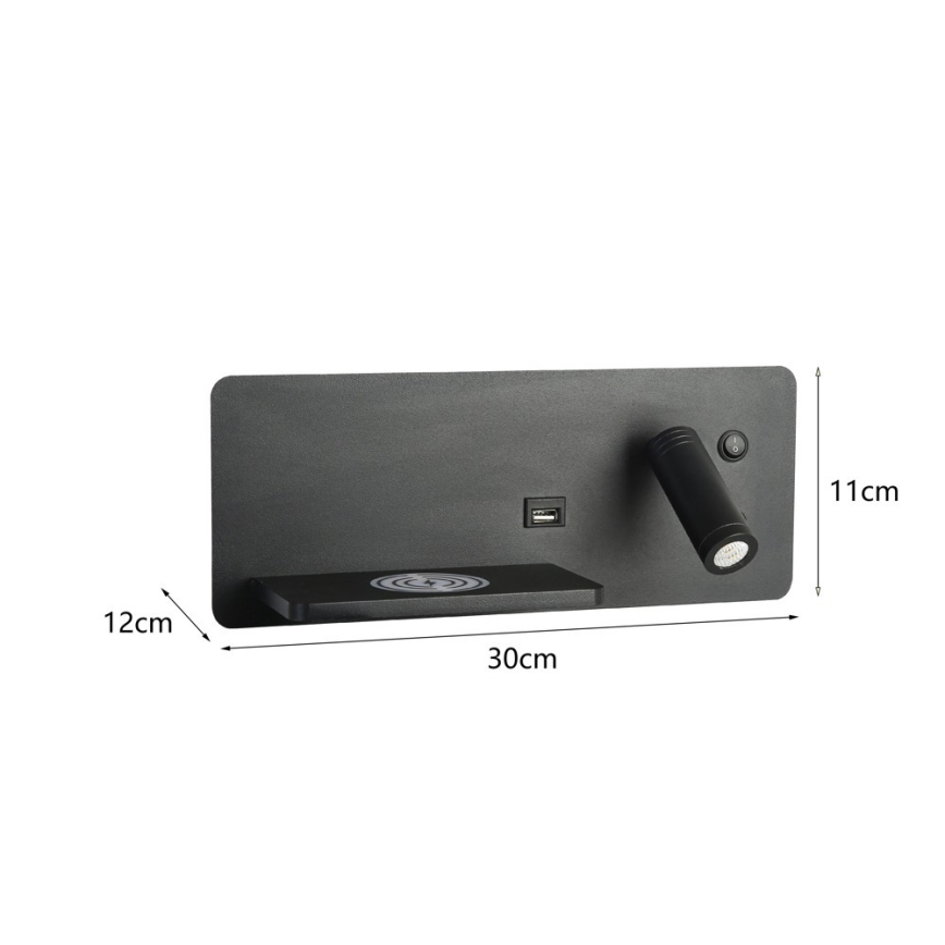 Immax 08288L - LED Faretto da parete con ripiano, porta USB e ricarica wireless Be PREPARE LED/3W/230V + LED/3W nero