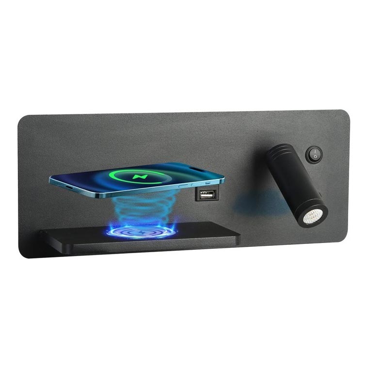Immax 08288L - LED Faretto da parete con ripiano, porta USB e ricarica wireless Be PREPARE LED/3W/230V + LED/3W nero