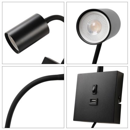 Lampada da parete con USB PUNTO 1xGU10/9W/230V nera