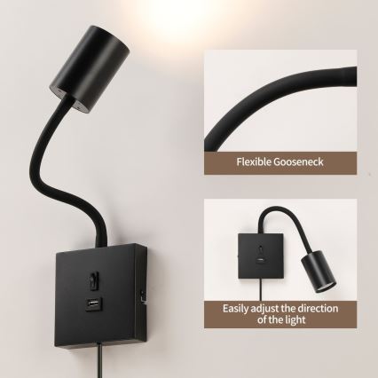 Lampada da parete con USB PUNTO 1xGU10/9W/230V nera