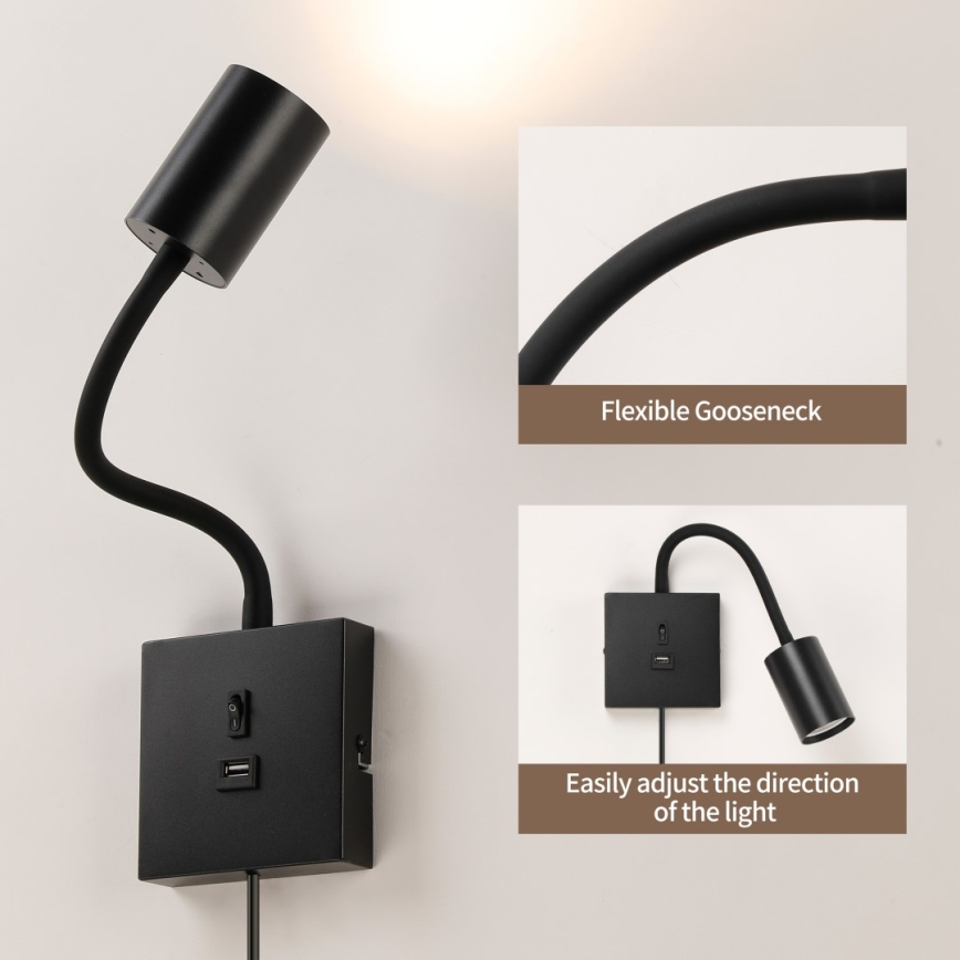 Lampada da parete con USB PUNTO 1xGU10/9W/230V nera