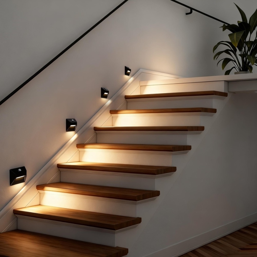 Immax 08307L - Lampada a LED ricaricabile per scale con sensore di movimento e sensore crepuscolare STEP LIGHT LED/0,3W/3,7V 2200 mAh IP53 nera