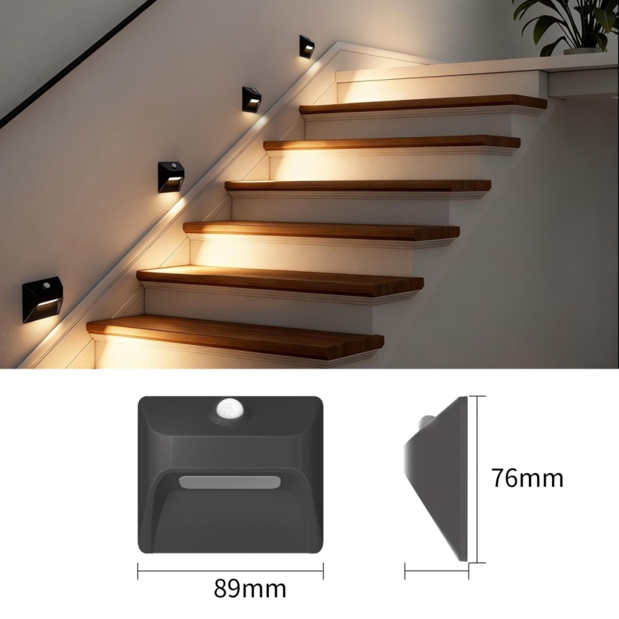 Immax 08307L - Lampada a LED ricaricabile per scale con sensore di movimento e sensore crepuscolare STEP LIGHT LED/0,3W/3,7V 2200 mAh IP53 nera