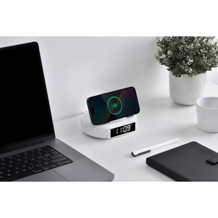 Orologio a sveglia con display LCD e senza fili Qi caricatore 27W/9V 220 mAh bianco