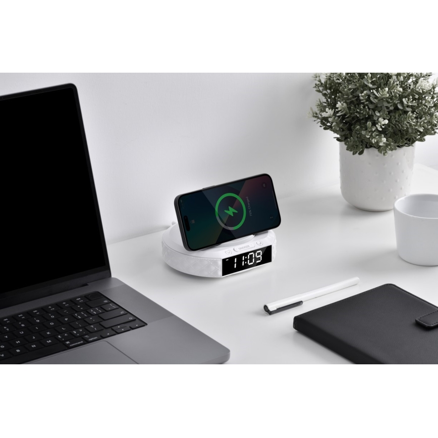 Orologio a sveglia con display LCD e senza fili Qi caricatore 27W/9V 220 mAh bianco