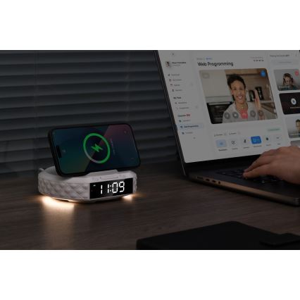 Orologio a sveglia con display LCD e senza fili Qi caricatore 27W/9V 220 mAh bianco