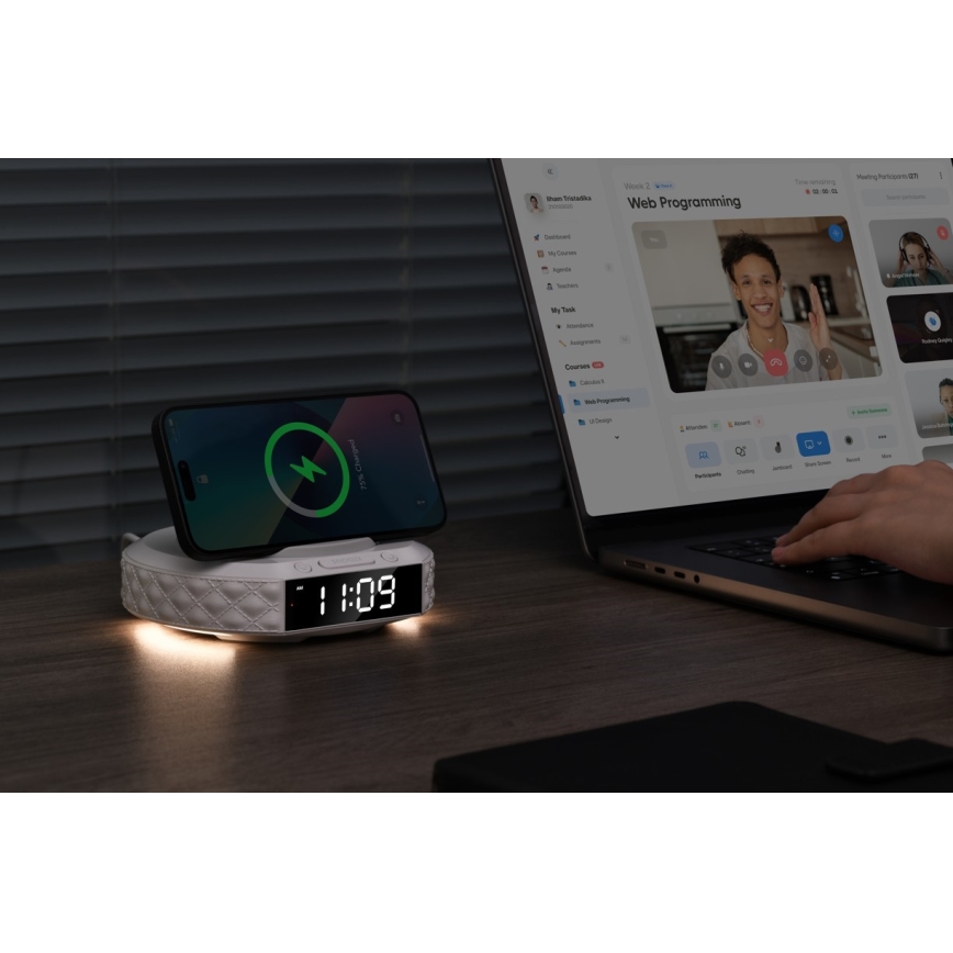 Orologio a sveglia con display LCD e senza fili Qi caricatore 27W/9V 220 mAh bianco