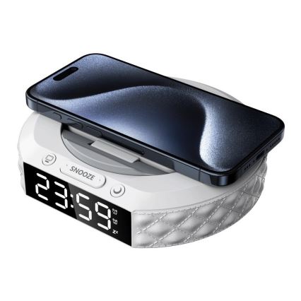 Orologio a sveglia con display LCD e senza fili Qi caricatore 27W/9V 220 mAh bianco