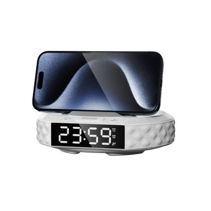 Orologio a sveglia con display LCD e senza fili Qi caricatore 27W/9V 220 mAh bianco