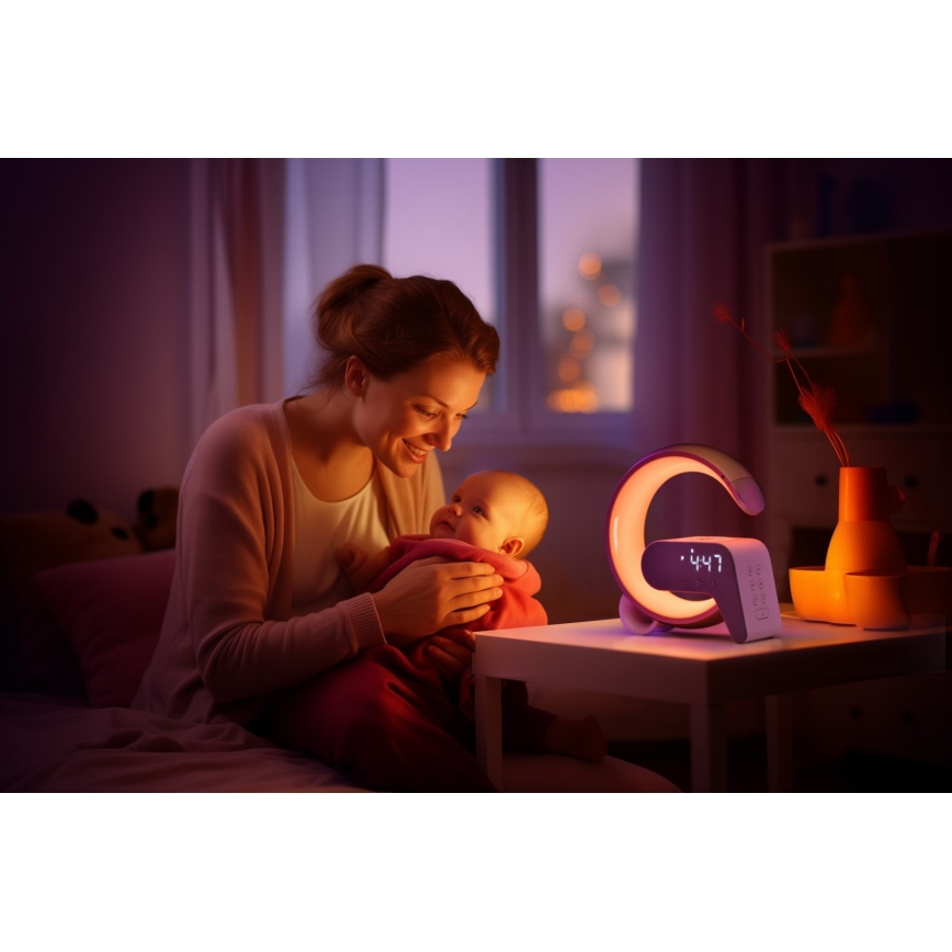 LED RGB Lampada da tavolo dimmerabile con sveglia e Qi di ricarica 30W/230V argento