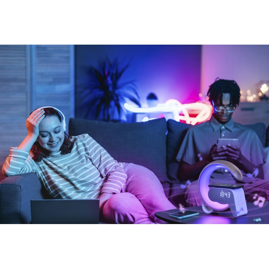 LED RGB Lampada da tavolo dimmerabile con sveglia e Qi di ricarica 30W/230V argento