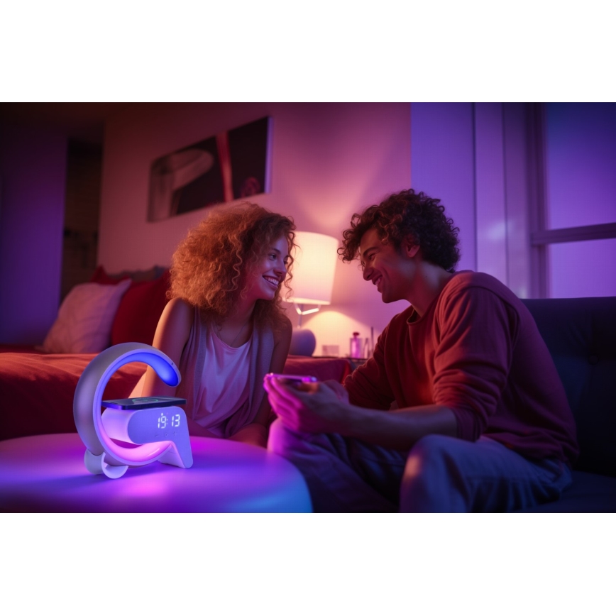 LED RGB Lampada da tavolo dimmerabile con sveglia e Qi di ricarica 30W/230V argento