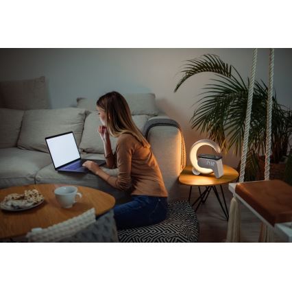 LED RGB Lampada da tavolo dimmerabile con sveglia e Qi di ricarica 30W/230V argento