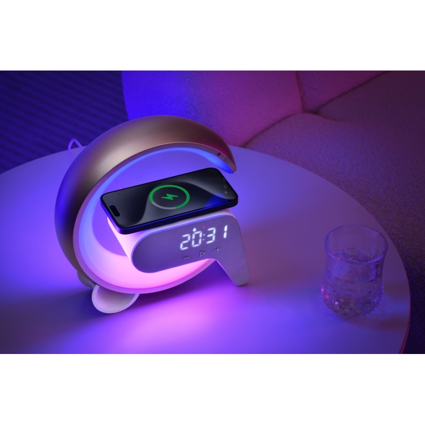 LED RGB Lampada da tavolo dimmerabile con sveglia e Qi di ricarica 30W/230V argento