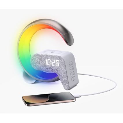 LED RGB Lampada da tavolo dimmerabile con sveglia e Qi di ricarica 30W/230V argento