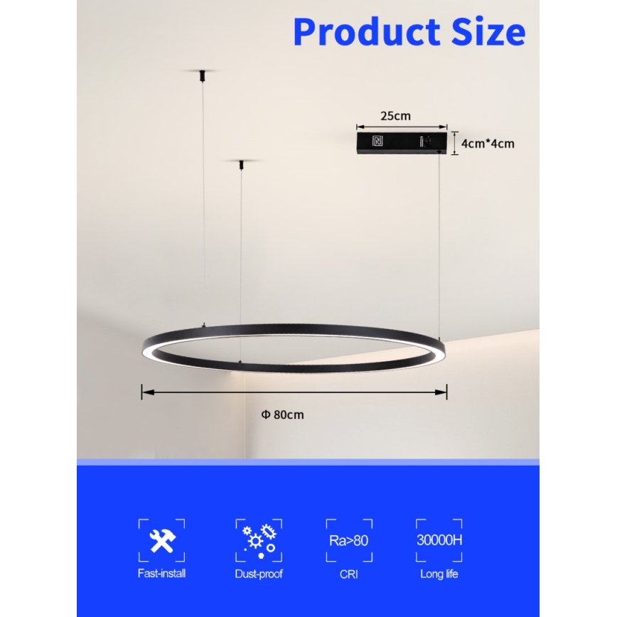 Immax NEO 07215L - Lampadario a sospensione con filo LED dimmerabile FINO LED/60W/230V 80 cm nero Tuya + telecomando