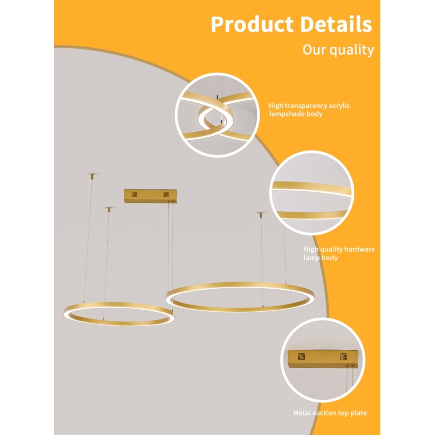 Immax NEO 07218L - Lampadario a sospensione con filo LED dimmerabile FINO LED/93W/230V 60/80cm oro Tuya + telecomando