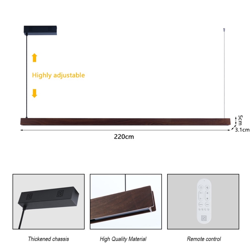 Immax NEO 07302L - Lampada a sospensione dimmerabile su cavo MADEIRA LED/44W/230V Wi‑Fi Tuya 202 cm noce + telecomando