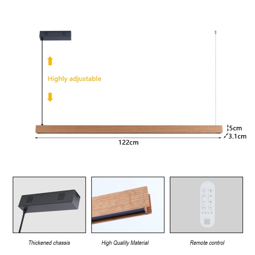 Immax NEO 07303L - Lampadario LED dimmerabile a sospensione su cavo MADEIRA LED/26W/230V Wi‑Fi Tuya 122 cm rovere + telecomando