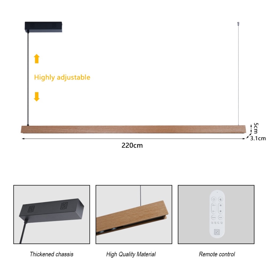 Immax NEO 07305L - Lampadario LED dimmerabile a cavo MADEIRA LED/44W/230V Wi-Fi Tuya 202 cm rovere + telecomando
