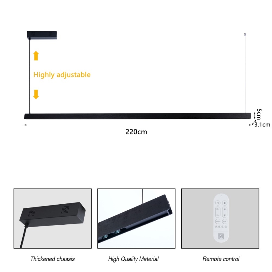 Immax NEO 07308L - Lampadario dimmerabile a sospensione su cavo MADEIRA LED/44W/230V Wi‑Fi Tuya 202 cm nero + telecomando