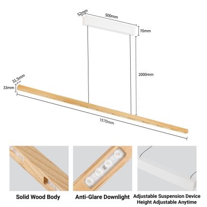 Immax NEO 07310L - Lampadario a sospensione LED dimmerabile su cavo con sensore MADEIRA LED/37W/230V 157 cm in frassino