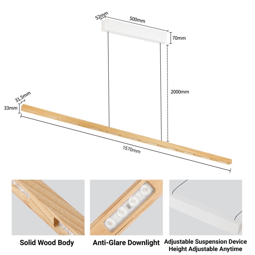 Immax NEO 07310L - Lampadario a sospensione LED dimmerabile su cavo con sensore MADEIRA LED/37W/230V 157 cm in frassino