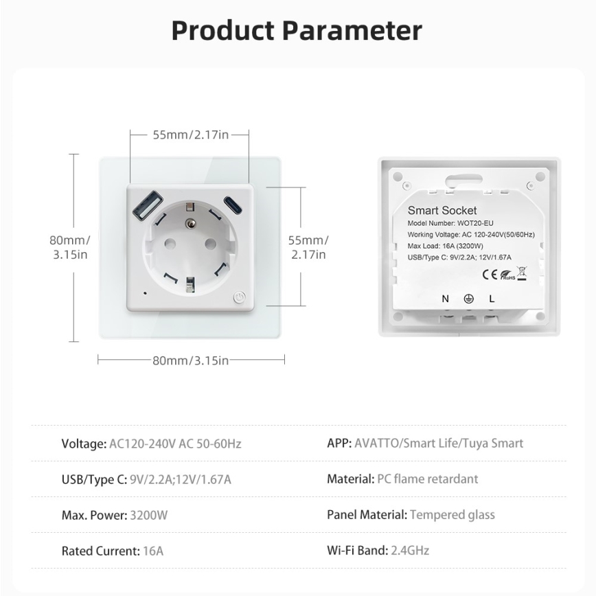 Immax NEO 07544L - Presa intelligente E 16A/230V + 1xUSB-A+1xUSB-C PD 20W Tuya Wi-Fi