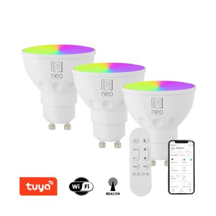 Immax NEO 07724CDO - Confezione da 3 lampadine LED RGB+CCT dimmerabili GU10/4,8W/230V 2700-6500K Wi-Fi Tuya + telecomando