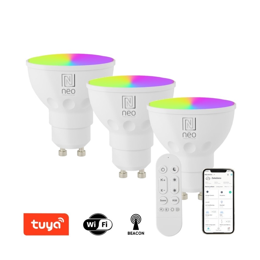 Immax NEO 07724CDO - Confezione da 3 lampadine LED RGB+CCT dimmerabili GU10/4,8W/230V 2700-6500K Wi-Fi Tuya + telecomando