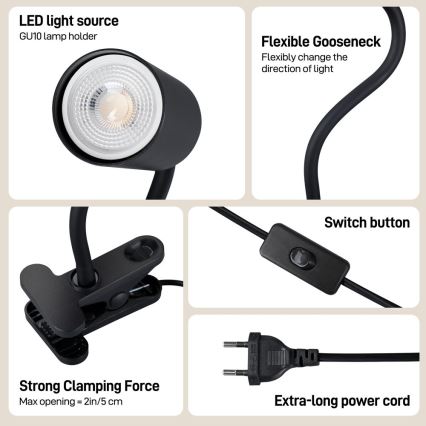 Immax NEO 08293L - Lampada flessibile con clip PUNTO 1xGU10/9W/230V nera