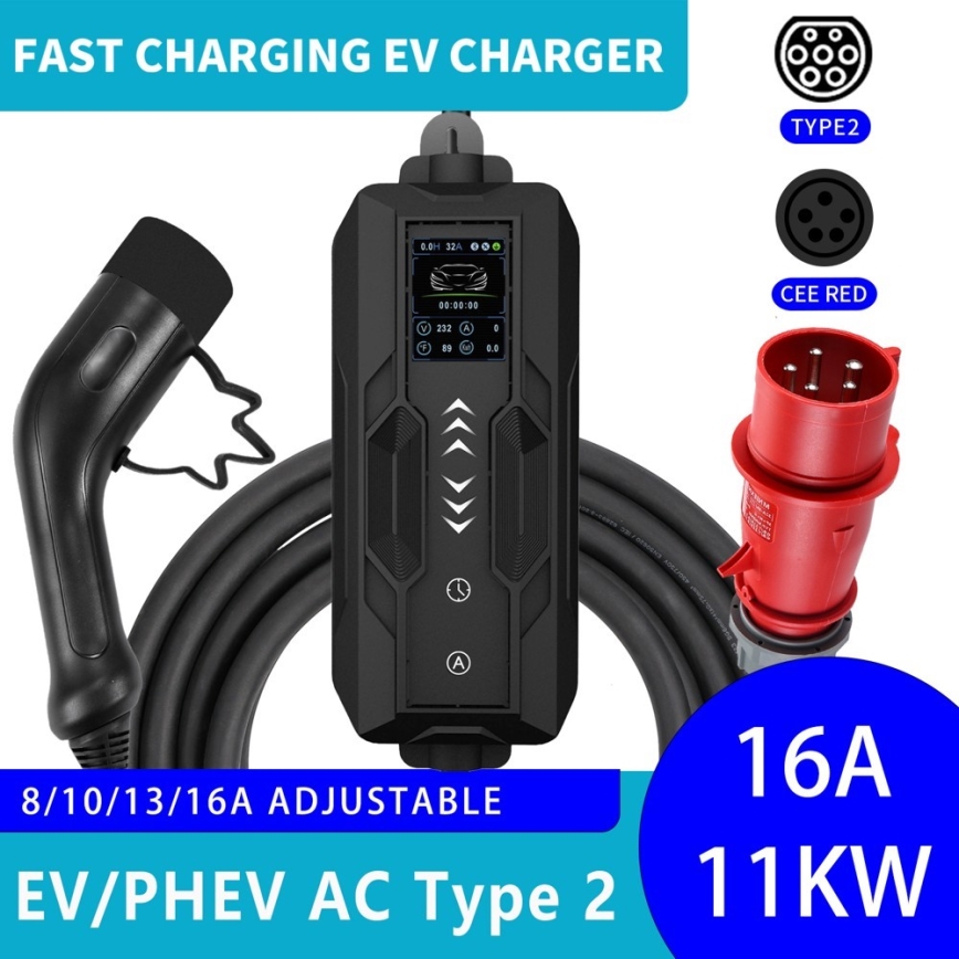 Immax - Stazione di ricarica portatile per veicoli elettrici EV AC Tipo 2 16A/380V 11kW + presa 230V, 3,7kW 5m + custodia