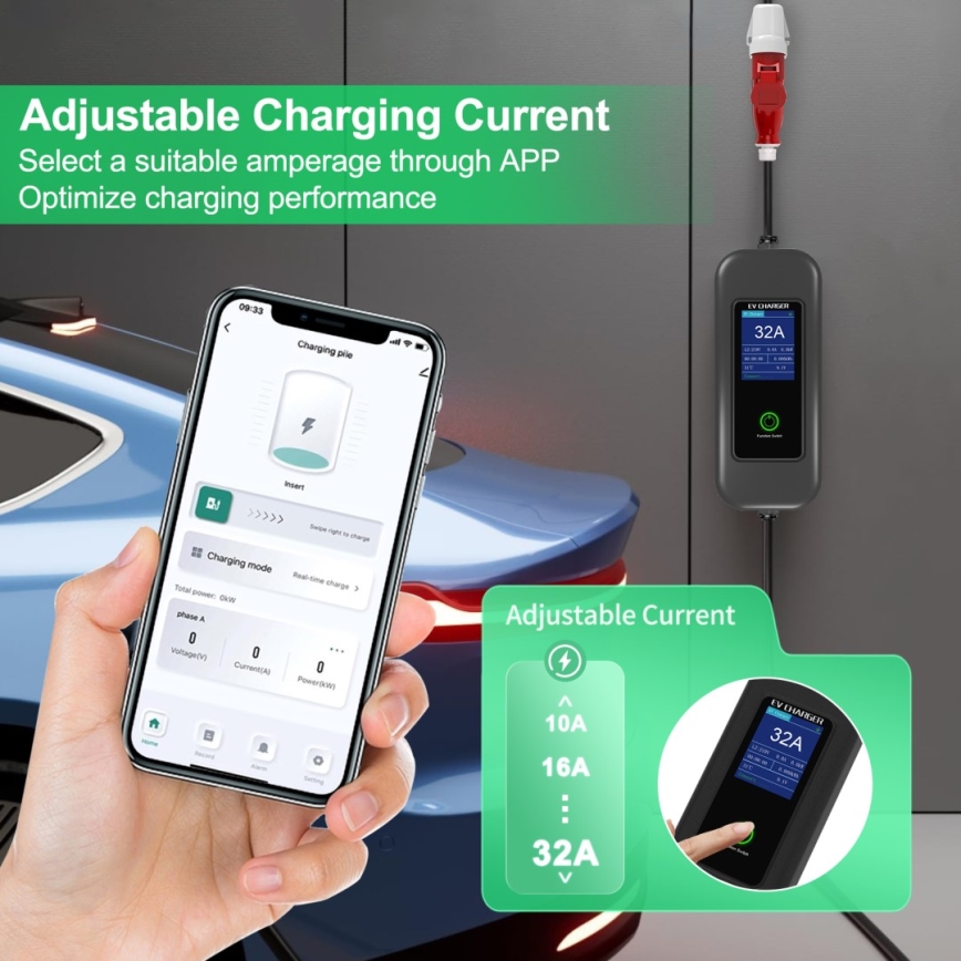 Immax - Stazione di ricarica per auto elettriche da viaggio AC Type 2 32A/380V 22kW + spina 230V 5m Wi-Fi Tuya