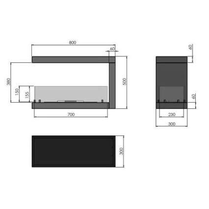 InFire - Caminetto BIO ad angolo 80x50 cm 3kW bifacciale