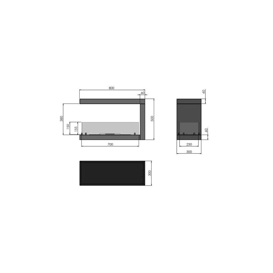InFire - Caminetto BIO ad angolo 80x50 cm 3kW bifacciale