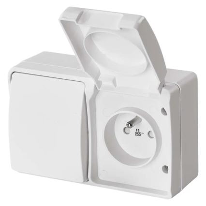 Interruttore alternante no 6 con presa 250V/16A IP44 bianco