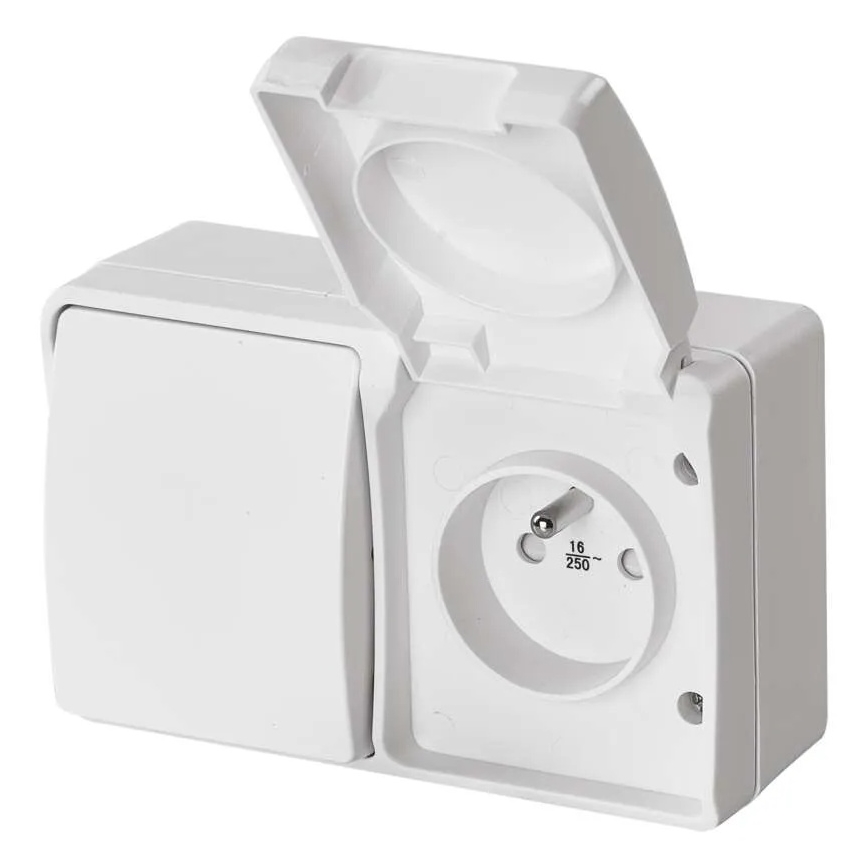 Interruttore alternante no 6 con presa 250V/16A IP44 bianco