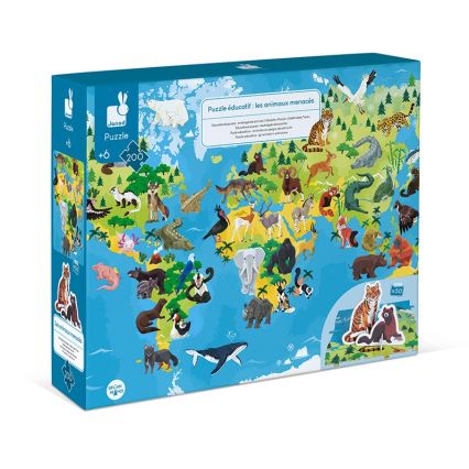 Janod - Puzzle educativo per bambini 200 pezzi animali in via di estinzione