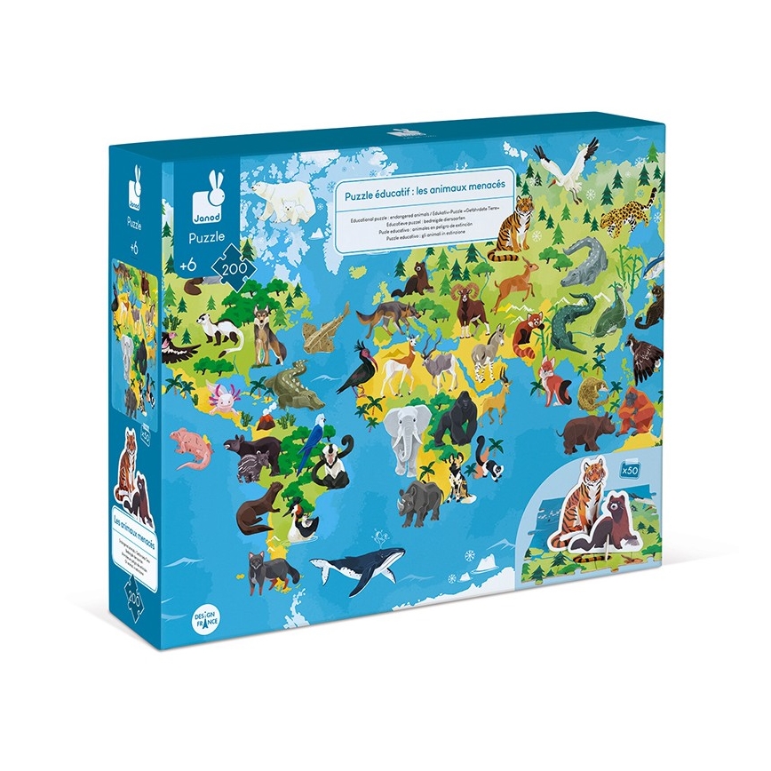 Janod - Puzzle educativo per bambini 200 pezzi animali in via di estinzione