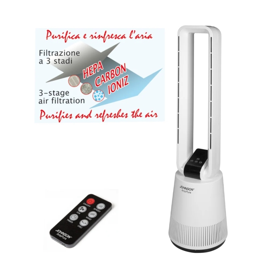 JOHNSON - Ventilatore con purificatore d'aria e filtro HEPA ARIA PURA 90W/230V bianco + telecomando