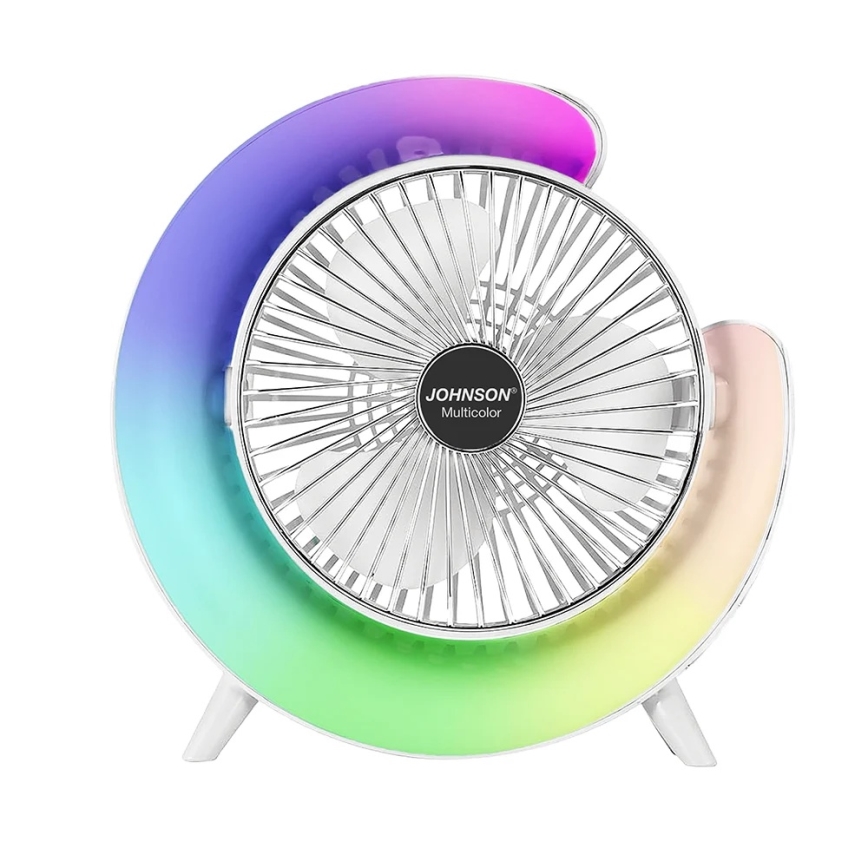 JOHNSON - Ventilatore da tavolo ricaricabile LED RGB multicolore LED/5W/3,7V 1200 mAh diametro 14 cm bianco