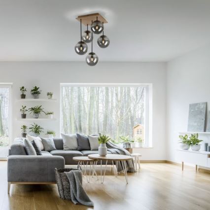 JUST LIGHT. 11395-79 - Lampadario a sospensione con supporto rigido WIDOW 5xE14/25W/230V quercia