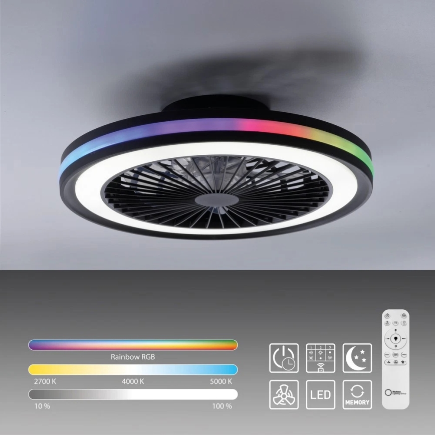 JUST LIGHT. 14649-18 - Ventilatore da soffitto dimmerabile LED RGBW con luce BRANDON LED/36W/230V 2700-5000K diam. 46,5 cm nero + telecomando