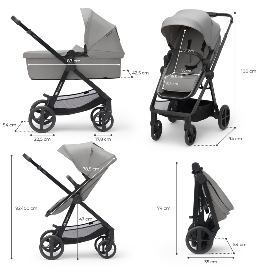 KINDERKRAFT - Passeggino combinato 4v1 NEWLY Classico grigio + seggiolino auto MINK PRO con base ISOFIX