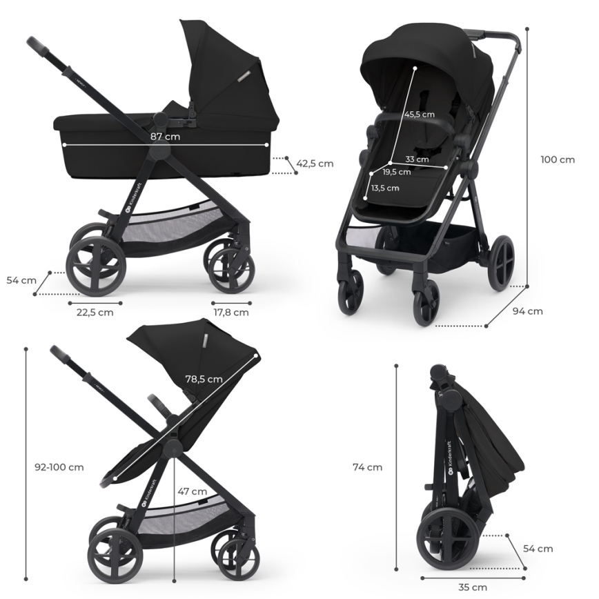 KINDERKRAFT - Passeggino combinato 4v1 NEWLY Classico nero + seggiolino auto MINK PRO con base ISOFIX
