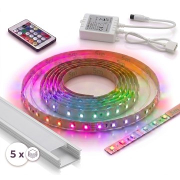 KIT 1x striscia LED RGBW dimmerabile DIGITAL LED/16,5W/230V 5 m + 5 profili da incasso da 1 m argento/bianco + telecomando