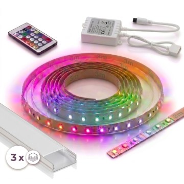 Kit 1x striscia LED RGBW dimmerabile DIGITAL LED/9,6W/230V 3 m + 3x profilo da incasso 1 m argento/bianco + telecomando