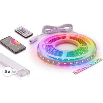 Kit 1x striscia LED RGBW dimmerabile NEO LITE MUSIC LED/24W/230V, 5 m, IP65, Wi‑Fi Tuya + 5x profili da incasso da 1 m (argento/bianco) + telecomando