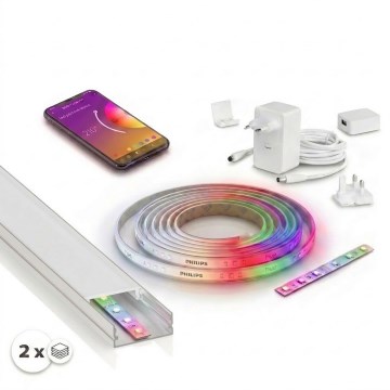 Kit 1x striscia LED RGBW dimmerabile Philips Hue WHITE AND COLOR AMBIANCE LED/20W/230V 2 m + 2x profilo da incasso 1 m argento/bianco